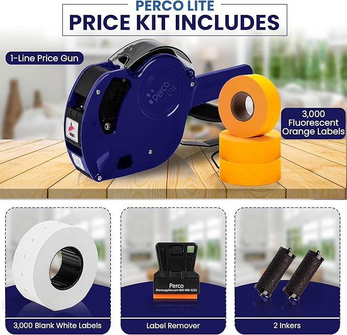 Perco Lite 1 Line Price Gun with Labels Kit - Includes 3 White Rolls, 3 Fluorescent Orange Rolls, 2 Ink Rollers, 1 Ink roll and Labels Pre-Loaded