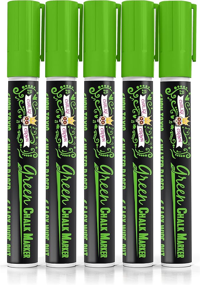 CHALKY CROWN Liquid Chalk Marker Pen - Dry Erase Marker - Chalk Markers for Chalkboard Signs, Windows, Blackboard, Glass - 6mm Reversible Tip (Green, 5 Pack)