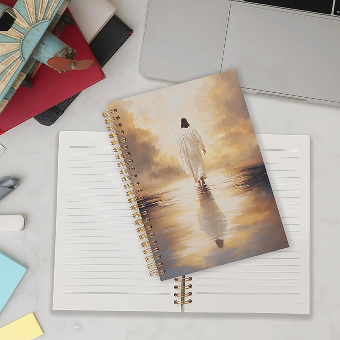 Qabliqo Jesus Walking on Water Christian Spiral Notebooks, Watercolor Jesus Journals for Writing, Christian Journal for Women Men, Vintage Religious Notebook for Note Taking, 5.5x8.3 Inch