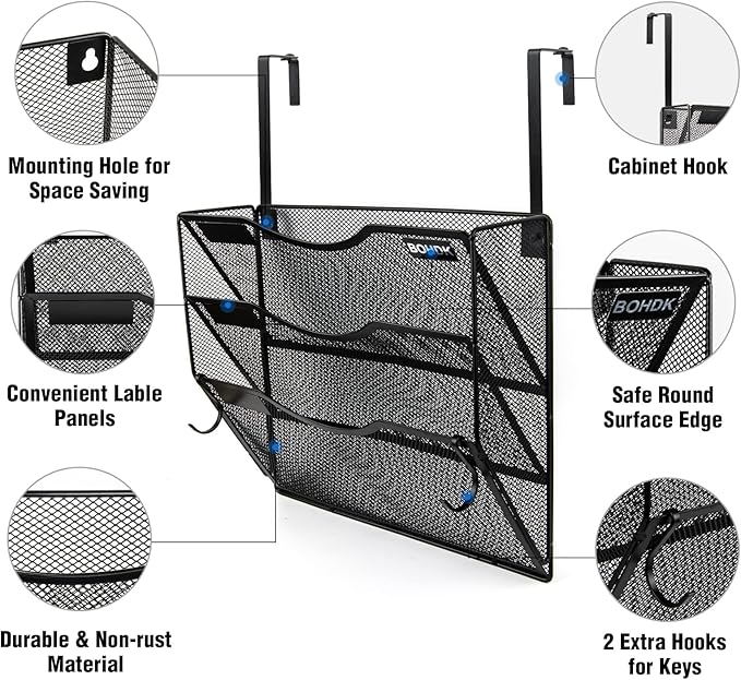 Wall File Organizer, 3 Tire Hanging File Folder Mail Organizer, Vertical Mesh Metal Door/Wall Mount Hanging File Holder, Paper Document Magazine Rack with Hooks for Home Office Black