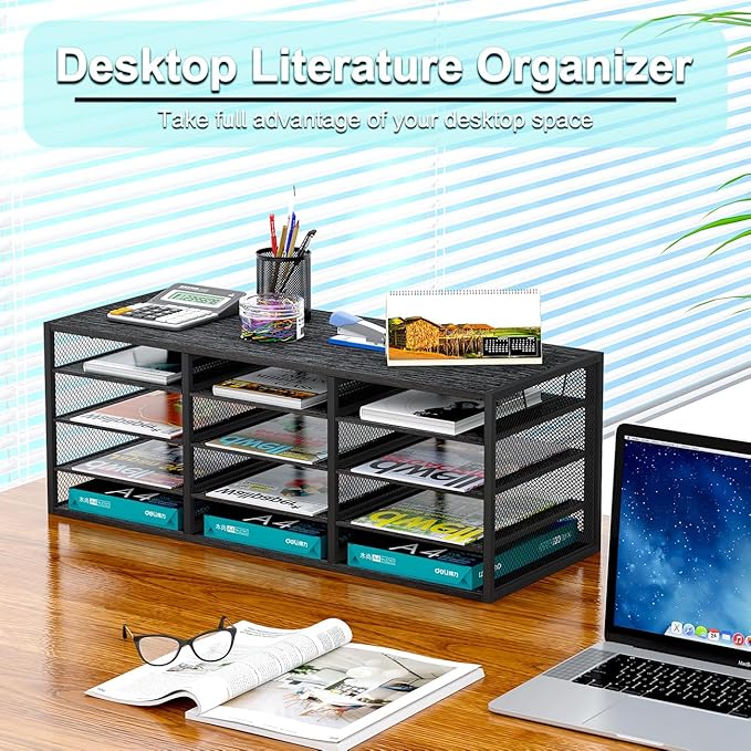 Mail Sorter Adjustable Countertop Heavy Duty Literature Organizer Student Mailbox for Classroom Desktop Bill Paper Holder Rack for Office Home School, 12 Compartments, Black