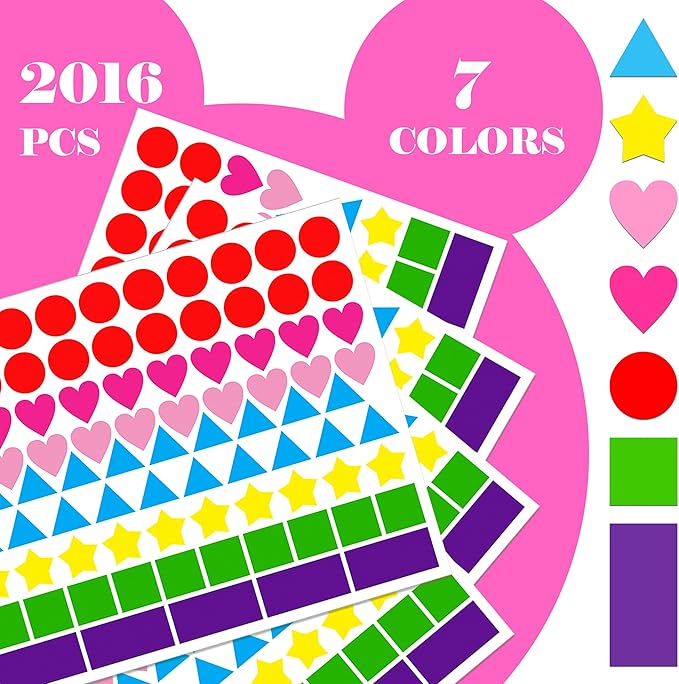2016 PCS Multi-Shaped Color Coding Stickers 7 Colors 6 Shape Coding Labels Dot Stickers for Toddlers Kid DIY Student Classroom,Office,Etc(Round,Hearts,Stars,Triangle,Square,Rectangle)