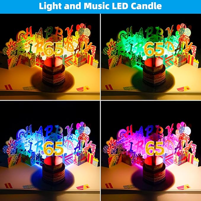 Gumry 65TH Musical Birthday PopUp Card, Blowable Colorful Light Candle 3D Cards with Song, Applause Cheers Sound, Greeting Cards Birthday Gifts Decorations for Women Men Turning 65 Years Old