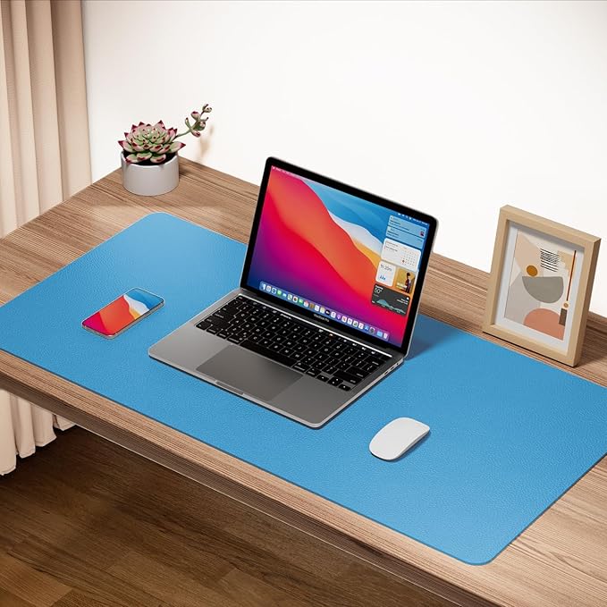 Boutilon Leather Desk Pad 47"x 24" Non-Slip Mouse Pad,Business Desk Pad,Extended Table Protector for Keyboard and Mouse,Desk Writing Pad for Office Home Working Decor (XXXL-Blue)