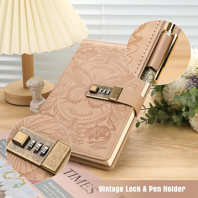 TIEFOSSI Diary with Lock for Women Girls, Lined Locked Journal, Butterfly Journal Notebook with Pen and Bookmark, A5 Refillable Locking Journals for Writing, 224 Numbered Pages