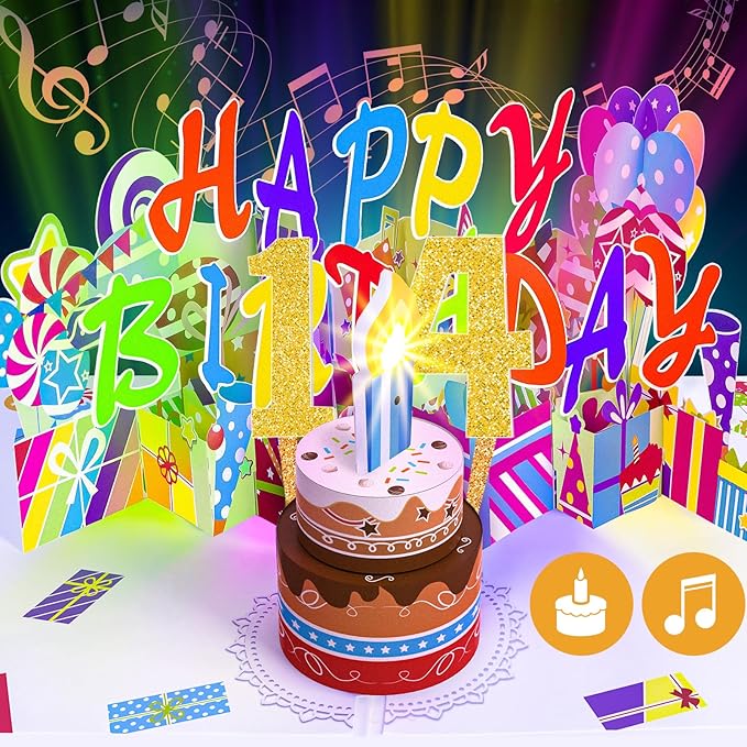 Gumry 14TH Musical Birthday PopUp Card, Blowable Colorful Light Candle 3D Cards with Song, Applause Cheers Sound, Greeting Cards Birthday Gifts Decorations for Girls Boys Turning 14 Years Old