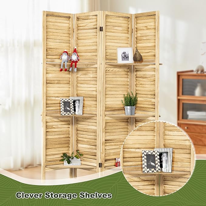 NicBex 4 Panel Room Divider 5.6FT Louvered Design Room Dividers with Display Storage Shelves Folding Privacy Screens Portable Freestanding Partition Wall Dividers for Home Bedroom Office, Natural Wood