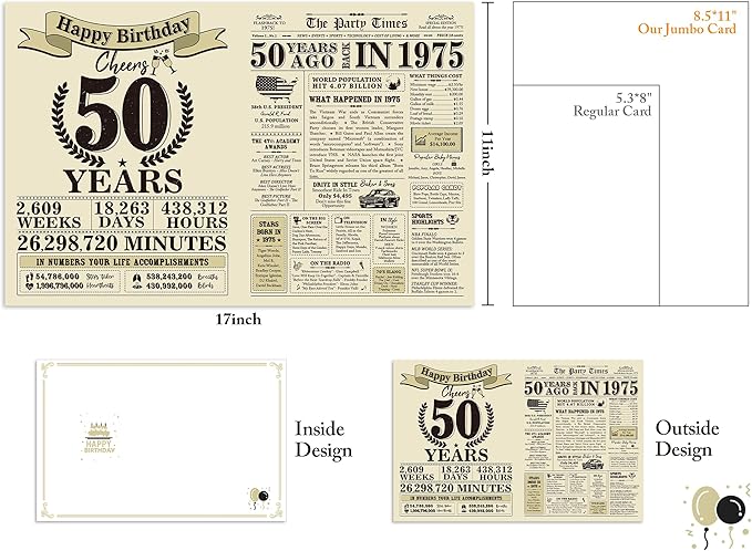Funny 50th Birthday Card Gifts for Her Him, Cool Gifts for 50 Year Old Woman Men, Jumbo 50th Birthday Card for Wife Husband, Vintage Back in 1975 Card for Dad Mom Sister, 50th Birthday Decorations