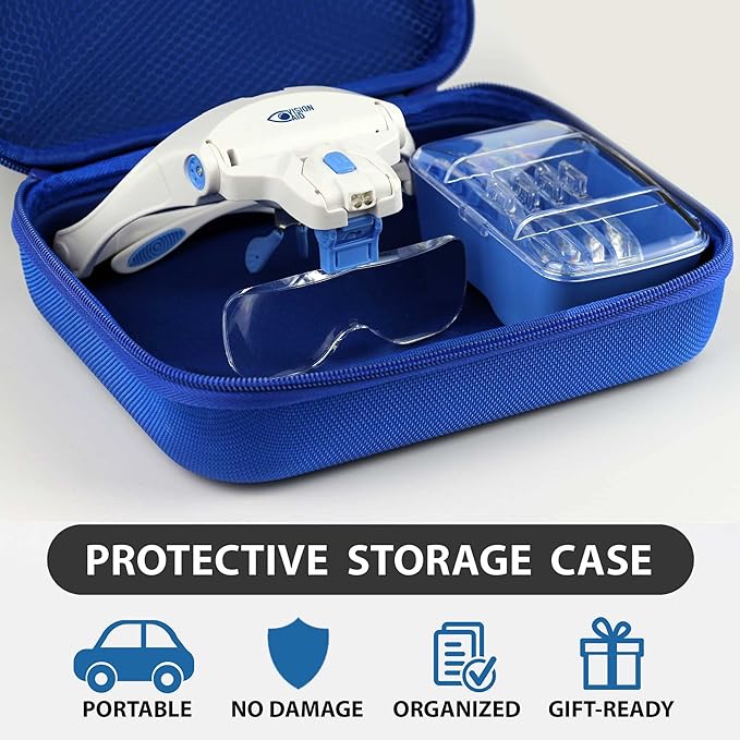 Vision Aid Magnifying Glasses with LED Light 5 Lenses Headband Case Hands Free Lighted Dental Loupe Head Magnifier Optivisor for Hobby Crafts Painting Close Work - Battery Powered