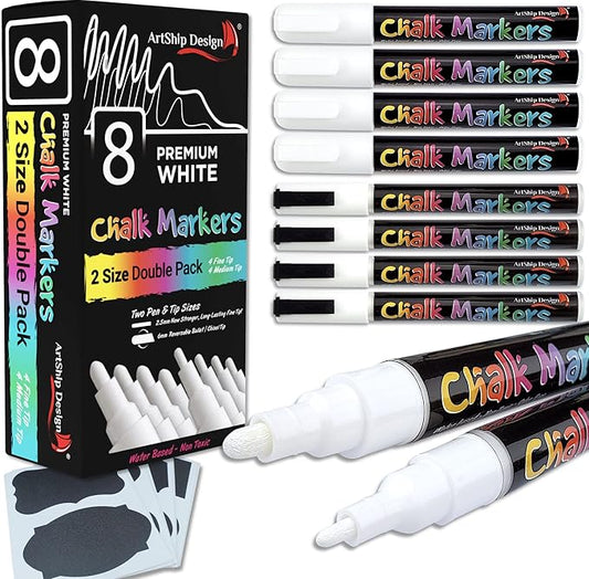 8 White Chalk Markers - Double Pack of Both Fine and Reversible Medium Tip Liquid Chalk Pens Wet Erasable for Menu Boards, Windows, White Boards, Classrooms, Mirrors, Non-Porous Chalkboards, Metal