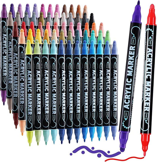 60 Colors Waterproof Dual Tip Acrylic Paint Markers, Dot & Fine Tip Premium Coloring Markers Set for Rock, Glass, Wood, Ceramic Surfaces and DIY Crafts Making Art Supplies