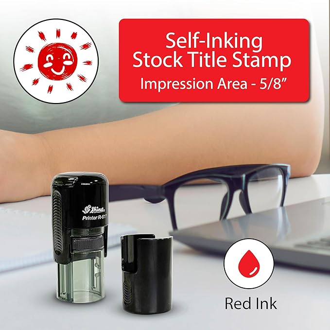 Shiny Sun Teacher Stamp, Round Self Inking Stamp for Classroom, Red Ink
