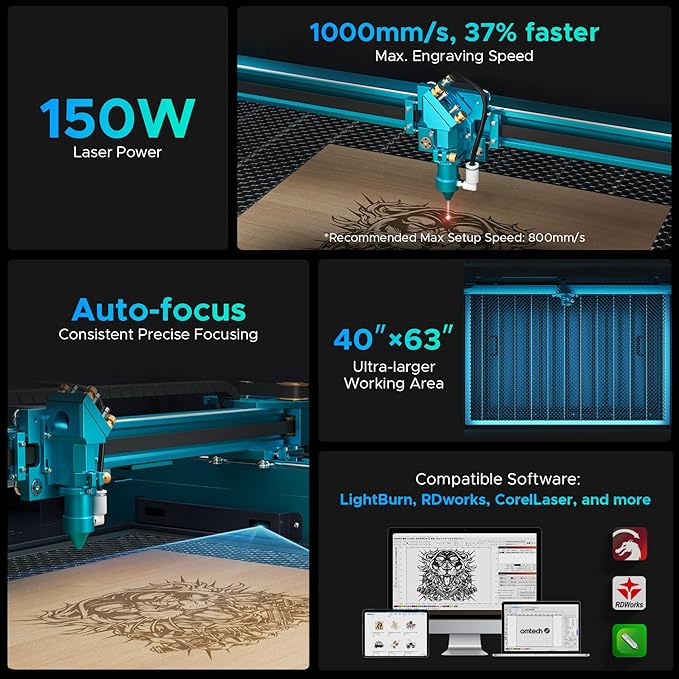 OMTech Pronto 150W CO2 Laser Engraver & Cutter with Water Chiller – 63"x40" Workspace, 1,000mm/s Speed, Autofocus, 2-Way Pass, Air Assist, for Wood, Acrylic & More