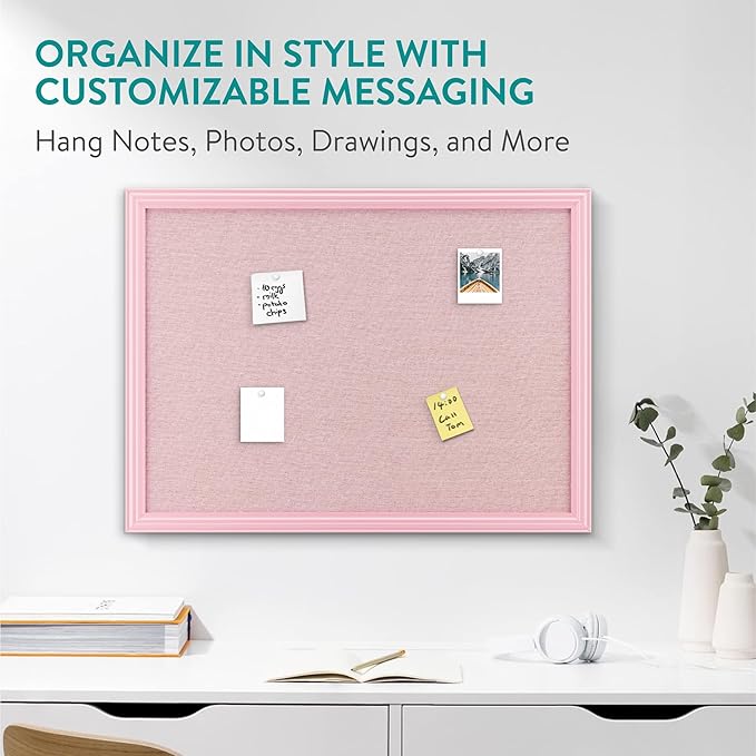 Navaris Framed Linen Bulletin Board - Approx. 58x43cm Fabric Jewelry Organizer Pinboard for Wall Memory Memo Pin Board - Pink Linen with Pink Frame
