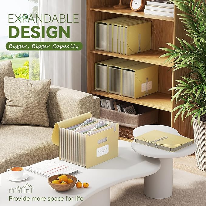 Accordion File Organizer, 13 Pockets Wheat Straw Expanding File Folder, Portable Monthly Paper Bill Tax Receipt Organizer, Letter A4 Size Document Holder with Colorful Tab - Wheat Yellow