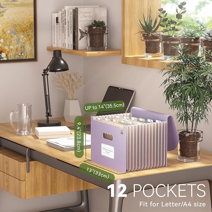 Accordion File Organizer, 13 Pockets Wheat Straw Expanding File Folder, Portable Monthly Paper Bill Tax Receipt Organizer, Letter A4 Size Document Holder with Colorful Tab-Lavender Purple