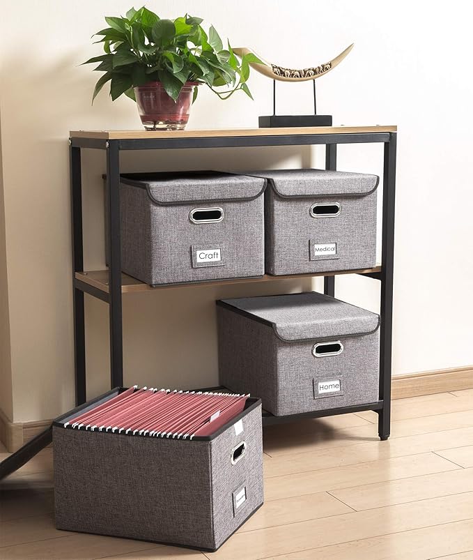 PRANDOM File Organizer Box - Set of 1 Collapsible Decorative Linen Filing Storage Hanging File Folders with Lids Office Cabinet Letter Size (15x12.2x10.75 inch)