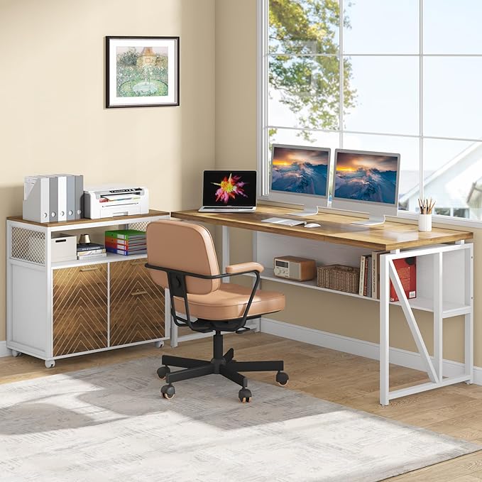 Tribesigns L Shaped Desk with Drawer,63" Executive Computer Desk and lateral File Cabinet, 2 Piece Home Office Furniture for Hanging File, Cabinet with Doors (Walnut, 63-inches)
