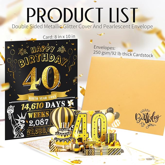 40th Birthday Card for Women Men, Jumbo Pop Up 40th Birthday Cards for Her Him, Happy 40th Birthday Decorations for 40 Year Old Women Men Funny Birthday Gifts, Review of 1985, Black Gold