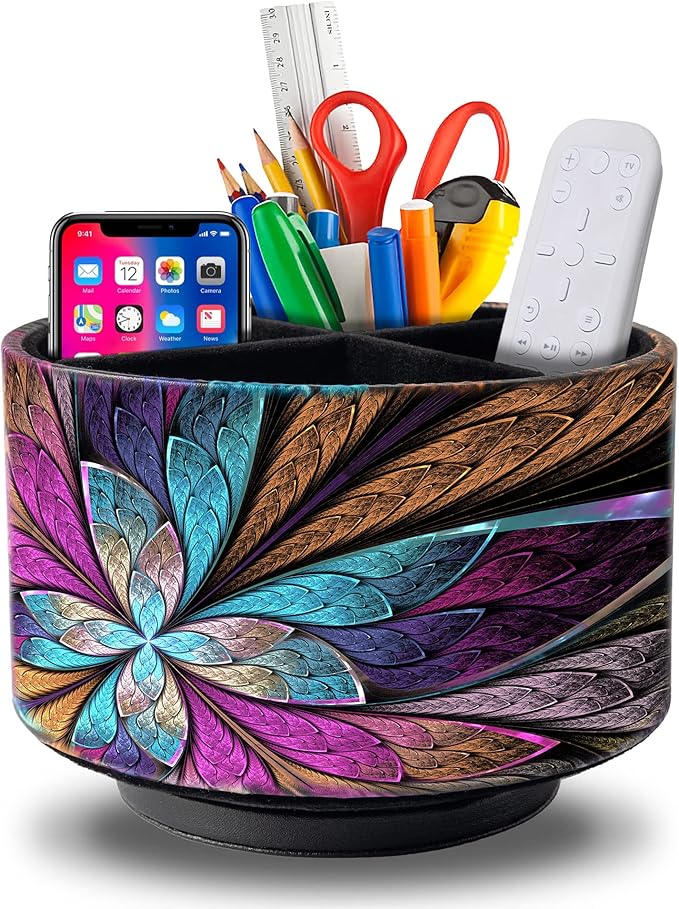 Remote Control Holder Round Leather Art Supply Organizer, PU Leather Pencil Stationery Desk Storage Makeup Organizer for Heater Controllers TV Remotes, 4 Compartments, 360 Degree Spinning