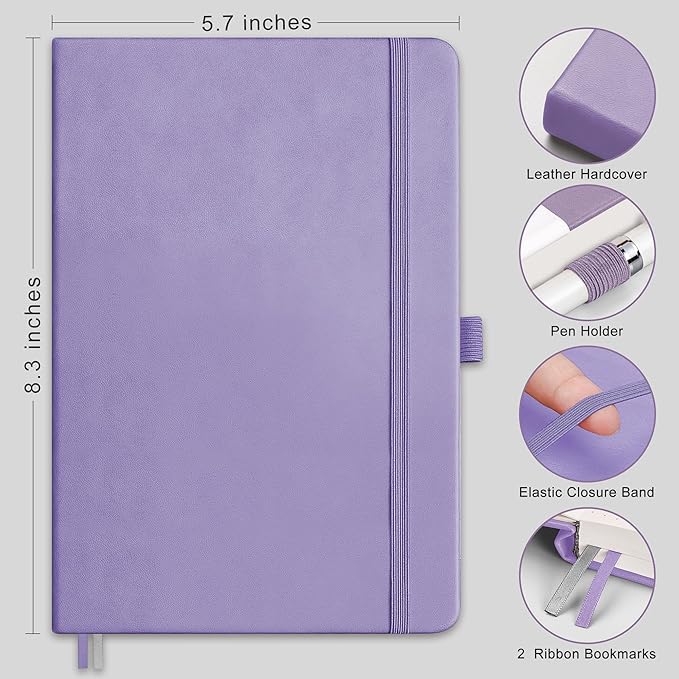 RETTACY Lined Journal Notebook, 2-Pack, 192 Numbered Pages per Pack, A5 Medium Size (5.7'' x 8.3''), for Men & Women, Writing, Work, Leather Hardcover, 100 GSM Thick Paper (Black & Purple)