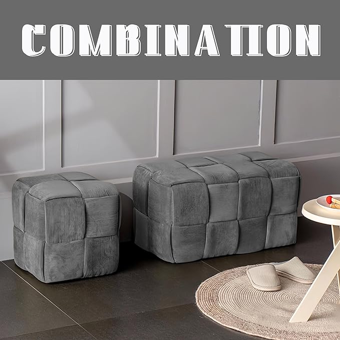 Ottoman Foot Rest Soft and Comfortable Ottoman Square Corduroy Woven Design Sofa Stool (Grey-L)