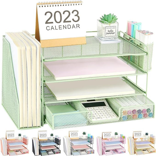 Desk Organizers and Accessories, Desk Accessories & Workspace Organizers for Office Supplies, File Organizer Desk Drawer Organizer with 2 Pen Holders, 4 Tier Paper Organizer for Desk(Green)