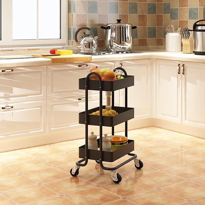 3-Tier Rolling Metal Storage Organizer,Mobile Utility Cart,Kitchen Storage Carts with Caster Wheels,Rolling Utility Cart Suitable for Office,Home,Kitchen,Garden（13.4"x18.1"x31"） Black