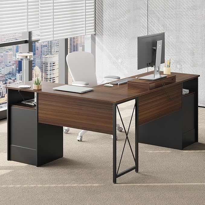 Bestier L Shaped Desk with 4 Drawers, 63" x 47" Executive Desk with Open Storage & Monitor Stand, Corner Desk with 2 File Drawers & Modesty Panel for Home Office, Cherry