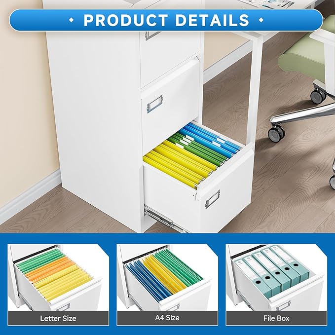 3 Drawer File Cabinet with Lock Metal Vertical File Storage Cabinet Office Home Steel Vertical File Cabinet for A4 Legal/Letter Size Narrow File Cabinet Locked,Assembly Required