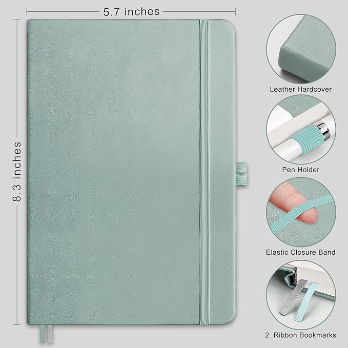 RETTACY Bullet Dotted Journal Notebook, 192 Pages, A5 Medium Size (5.7'' x 8.3''), Leather Hardcover, 100 GSM Thick Paper, for Bullet Journaling, Planning, Tracking (Blue-gray)