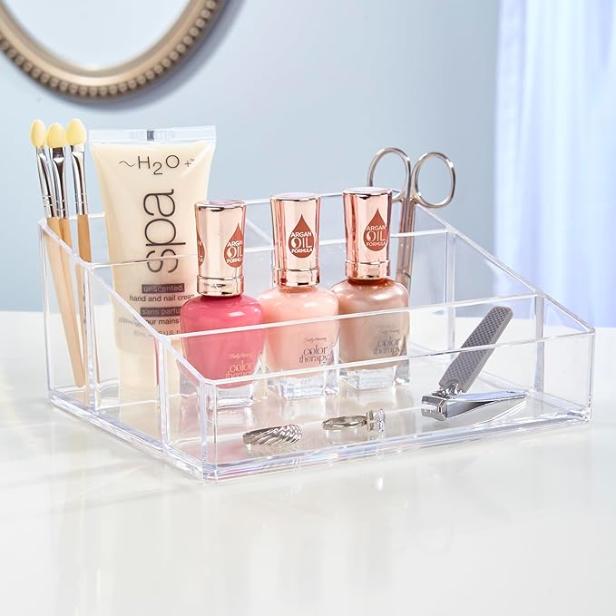 STORi Clear Plastic Vanity Makeup Organizer | Compact Rectangular 4-Compartment Holder for Brushes, Eyeshadow Palettes, & Beauty Supplies | Made in USA