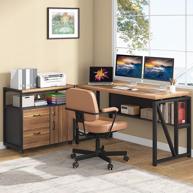 Tribesigns 55" Executive Desk with Reversible File Cabinet, Large L-Shaped Office Desk with Drawers, Business Furniture Workstation for Home Office (Dark Walnut, 55-inch)