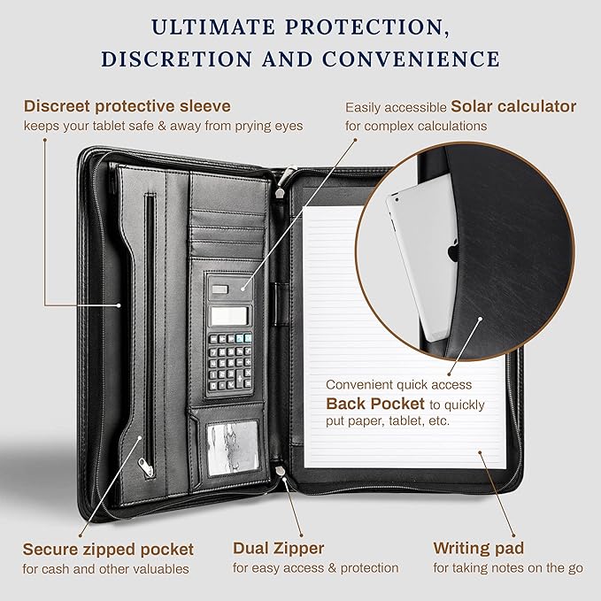 Cossini Black Superior Vegan Leather Business Portfolio with Zipper – Padfolio All-in-One. Smartest Protective 10.1 Inch Tablet Sleeve, Presentation Slot, Solar Calculator, Card Storage, Writing Pad