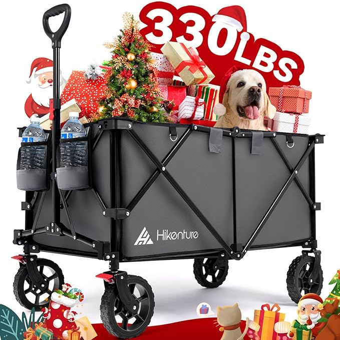 Hikenture Collapsible Wagon 330LBS Capacity, 200L Extra Large Wagons Carts Foldable, Heavy Duty Folding Wagon with All-Terrain Wheels, Utility Beach Wagon for Outdoor Garden