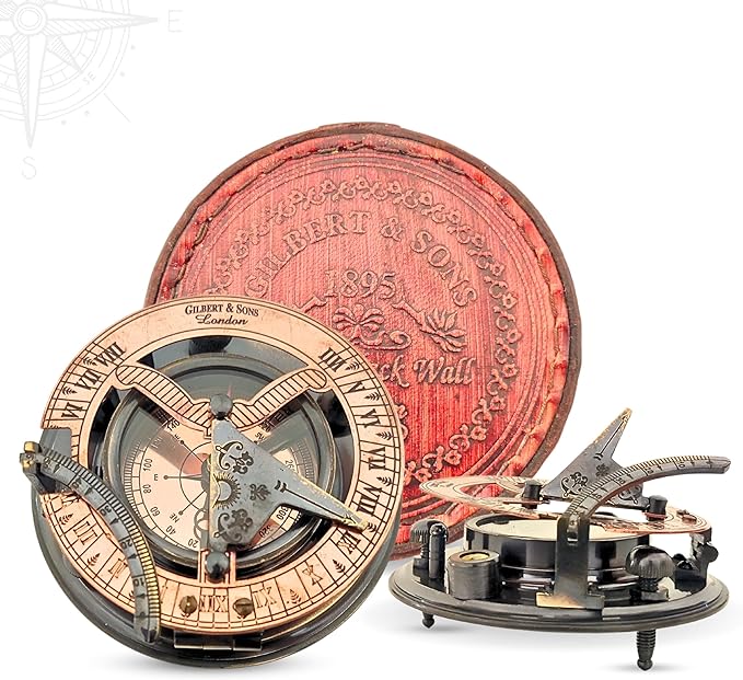Antique Brass & Copper Sundial Compass, Sundial Clock in Box Gift Sun Clock Ship Replica Watch, Nautical Gifts for Men, Unique Nautical Decor, Naval Maritime Sundial (#5 Antique Gilbert)