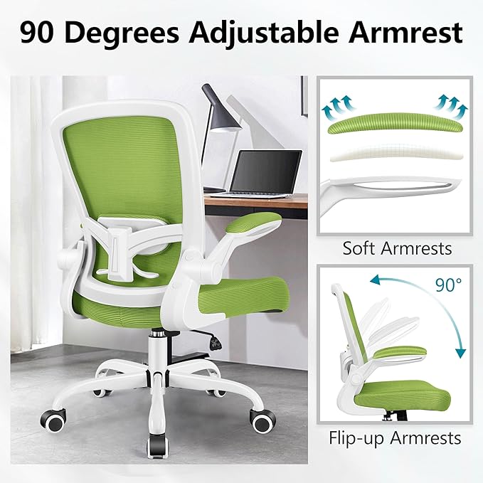 FelixKing Office Chair, Ergonomic Desk Chair Breathable Mesh Chairs with Adjustable High Back Lumbar Support Flip-up Armrests, Executive Swivel Comfy Task Computer Chairs for Home Office Green