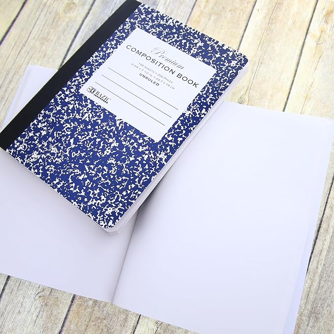 BAZIC Composition Book Blue Marble Unruled Ruled 100 Sheet Notebook, Blank Page Journal Comp Notebooks for School, 6-Pack