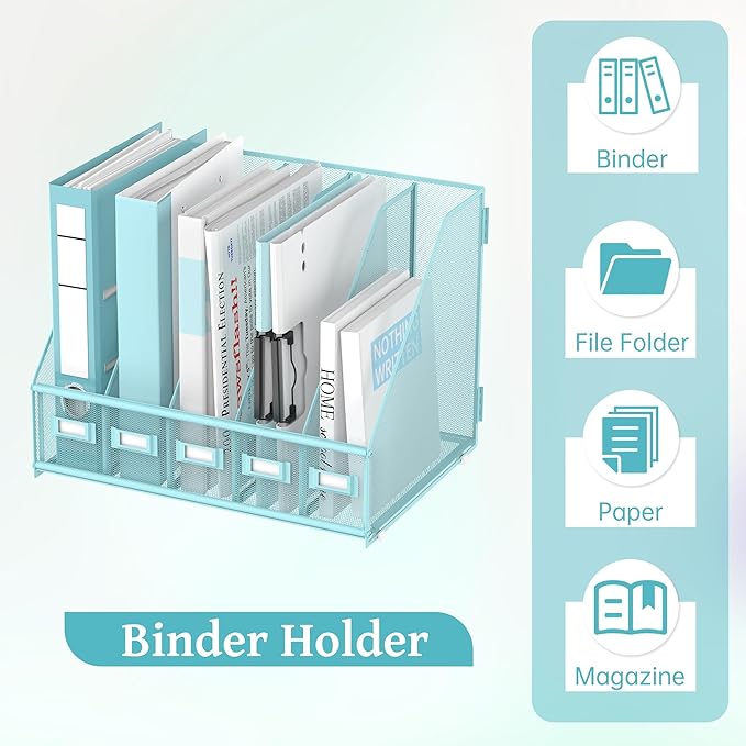 SUPEASY Desk Organizers Metal Desk Magazine File Holder with 5 Vertical Compartments Rack File Organizer for Office Desktop, Home Workspace, Blue Plus