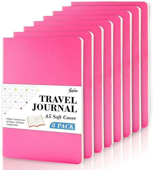 8 Pack Soft Cover Journal Bulk, Feela Notebooks College Ruled for Work, Lined Travel Journal for Women Men, Note Taking Notebook School Supplies Business Writing, 8.2” x 5.5”, A5, Berry
