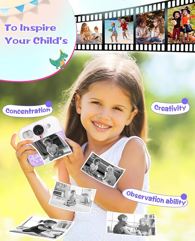 Instant Print Camera, Birthday Day Gifts for Kids Girls Boys, 1080P HD Digital Video Kids Camera, Girls Toys Age 4 5 6 7 8 9 10 Years Old with 32GB SD Card, Purple