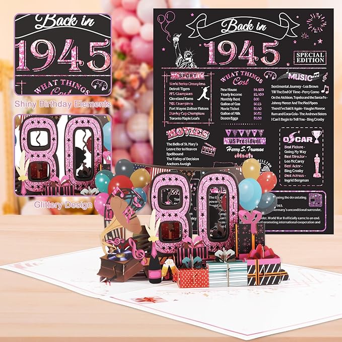 80th Birthday Card for Women, Jumbo 3D Pop Up 80th Birthday Gifts for Mom Grandma, Back In 1945 Happy 80 Year Old Sister Birthday Decorations Cards Card for Her, Rose Gold