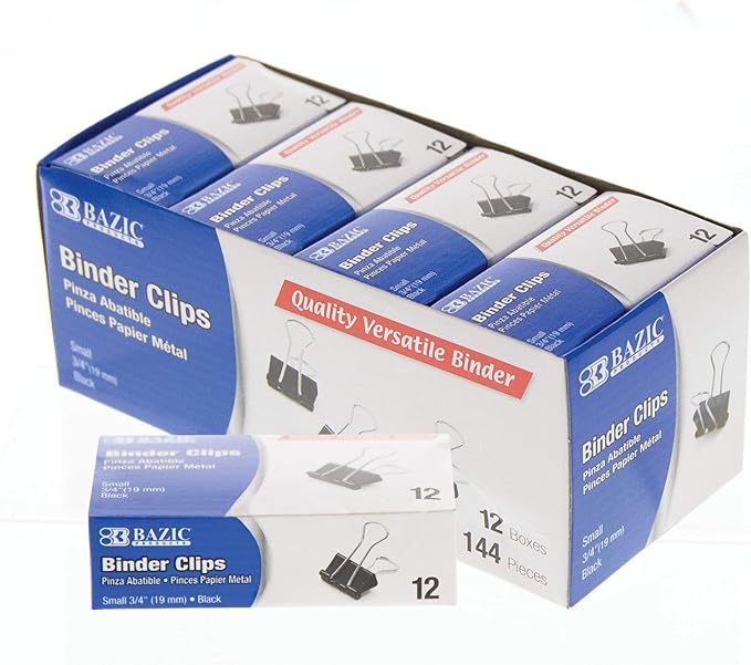 BAZIC Binder Clips Small Black 3/4" (19mm), Paper Clamps Paper Clip, Paperclips for Office Home Kitchen Storage (12/Pack), 240-Packs