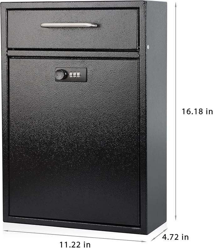KYODOLED Steel Combination Lock Mail Boxes Outdoor,Locking Wall Mount Mailbox,Security Lock Drop Box,Collection Boxes,16.2H x 11.22L x 4.72W Inches,Black X Large