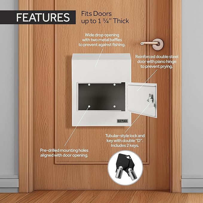Through-The-Door Drop Box Deposit Safe 12 x 6 x 15 - Heavy Duty Steel Mailbox with Lock for Receiving Mail, Checks, Letters, Cash and More for Home, Office and Commercial Use (D500) (Gray)