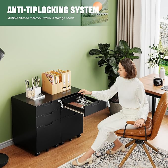 Letaya 3 Drawer Mobile File Cabinet with Lock,Under Desk Metal Small Filing Cabinets for Home Office Organizer Letters/Legal/A4(Fully Assembled Except Wheels-Black)