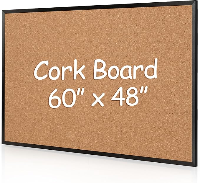 Board2by Extra Large Cork Bulletin Board 60" X 48", Black Wood Framed 5'x4' Corkboard for Wall, Wall Mounted Notice Pin Board with 18 Push Pins for School, Home & Office
