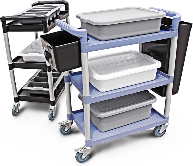 New Star Foodservice 54538 250-Pound Plastic 3-Tier Utility Bus Cart with Locking Casters, 32" x 16" x 38", Black