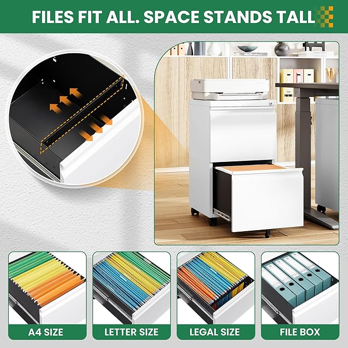 Mobile File Cabinet with Lock, 2 Drawer Under Desk Filing Cabinet with Wheels for Legal/Letter/A4 (Fully Assembled,White)