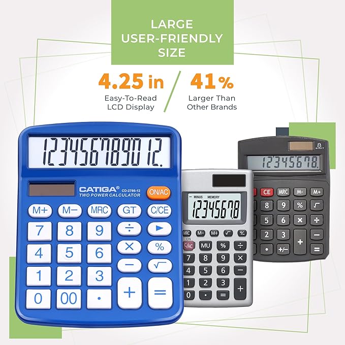 CATIGA Desktop Calculator (2 Pack) 12 Digit with Large LCD Display and Sensitive Button, Solar and Battery Dual Power, Standard Function for Office, Home, School, CD-2786 (Blue/Pink)